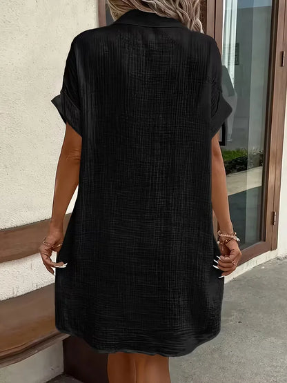 Casual Linen Shirt Dress with Button Front and Patch Pockets