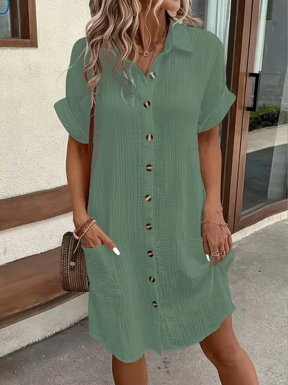 Casual Linen Shirt Dress with Button Front and Patch Pockets
