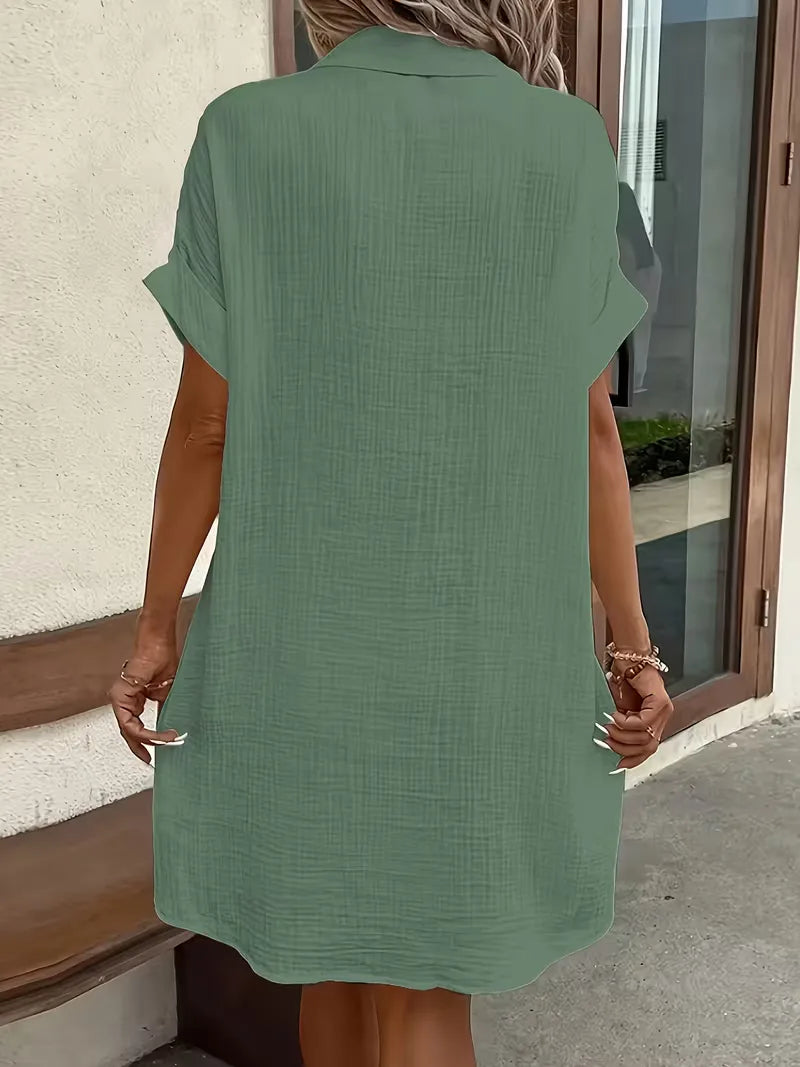Casual Linen Shirt Dress with Button Front and Patch Pockets