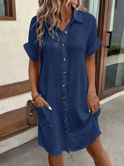 Casual Linen Shirt Dress with Button Front and Patch Pockets