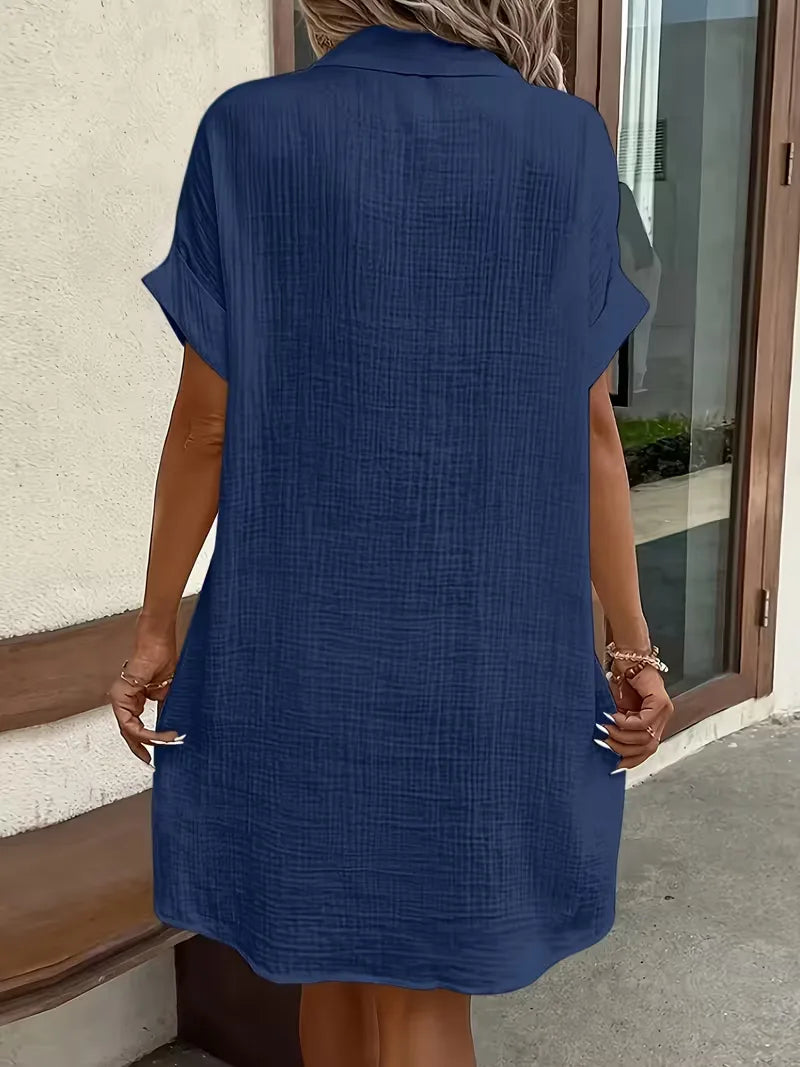 Casual Linen Shirt Dress with Button Front and Patch Pockets