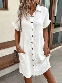 Casual Linen Shirt Dress with Button Front and Patch Pockets
