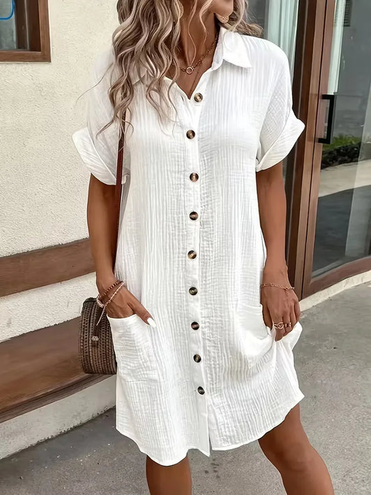 Casual Linen Shirt Dress with Button Front and Patch Pockets