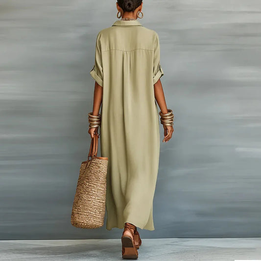 Casual Linen Shirt Maxi Dress with Short Sleeves