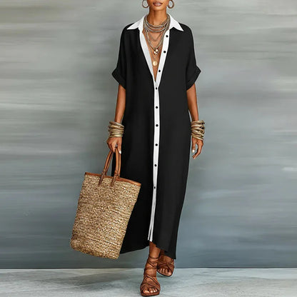 Casual Linen Shirt Maxi Dress with Short Sleeves