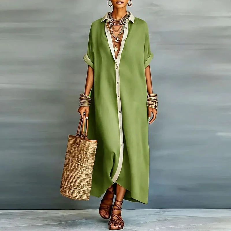 Casual Linen Shirt Maxi Dress with Short Sleeves