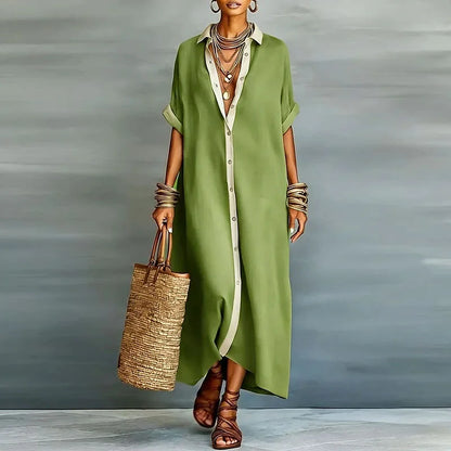 Casual Linen Shirt Maxi Dress with Short Sleeves