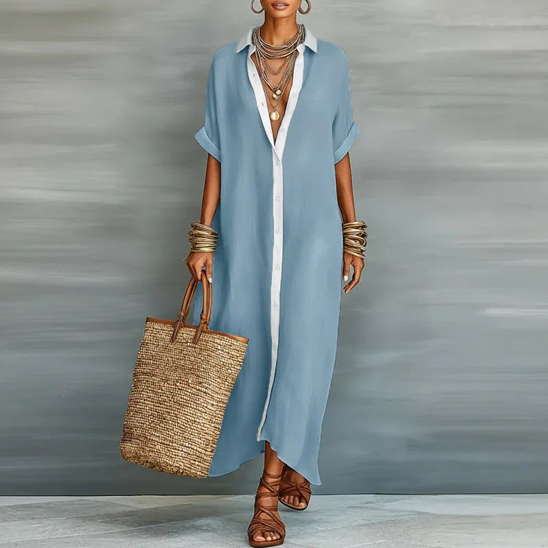 Casual Linen Shirt Maxi Dress with Short Sleeves