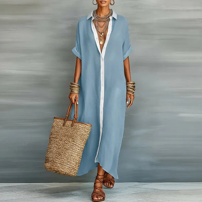 Casual Linen Shirt Maxi Dress with Short Sleeves