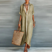 Casual Linen Shirt Maxi Dress with Short Sleeves