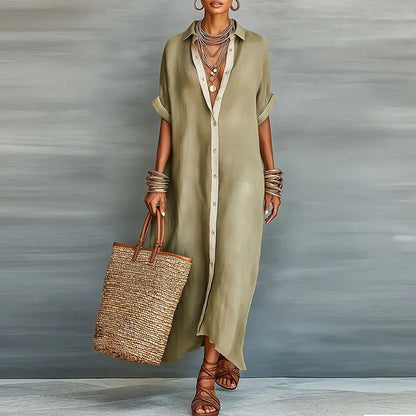 Casual Linen Shirt Maxi Dress with Short Sleeves