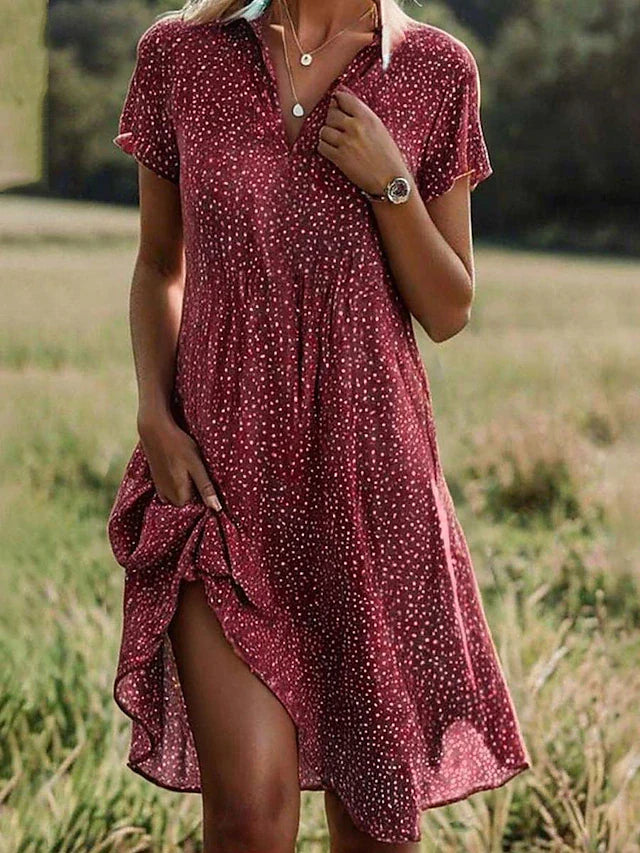 Casual Polka Dot Shirt Midi Dress with Side Slit