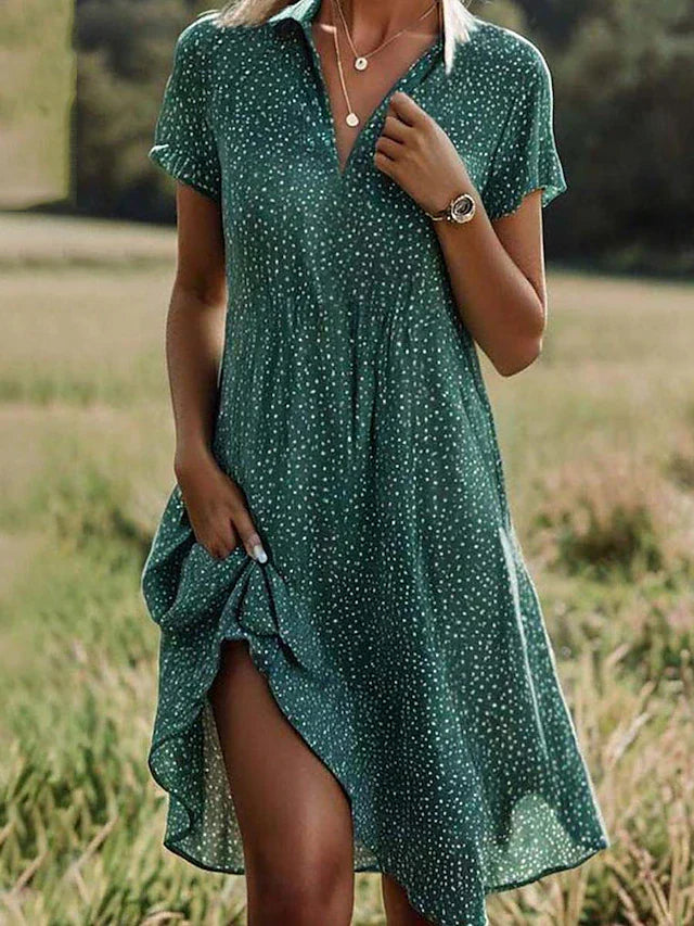 Casual Polka Dot Shirt Midi Dress with Side Slit