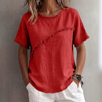 Casual Round Neck Linen Top with Raw Edge Trim