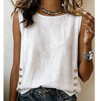 Casual Sleeveless Linen Top with Side Button Detail