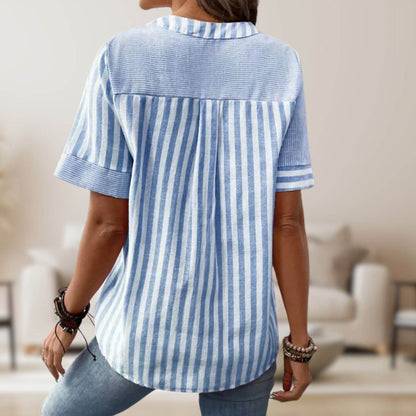 Striped Colour Block Blouse with V-Neckline and Button Detail