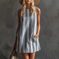 Casual Striped Linen Summer Dress with Pockets and Round Neck