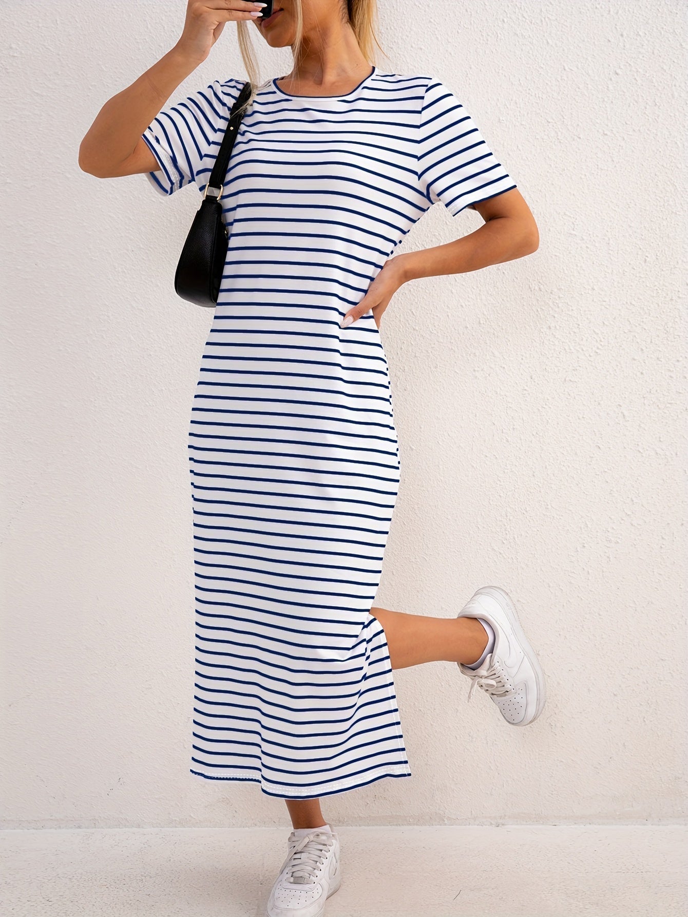 Casual Striped T-Shirt Maxi Dress with Side Split
