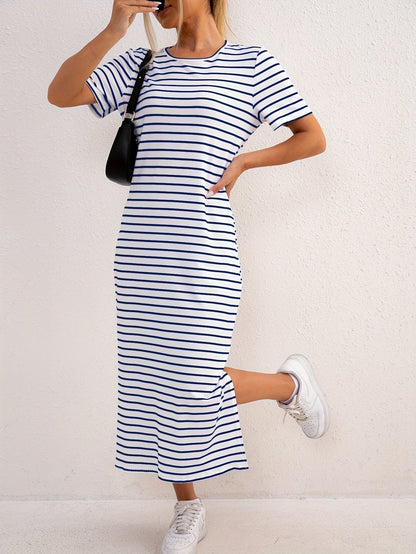 Casual Striped T-Shirt Maxi Dress with Side Split