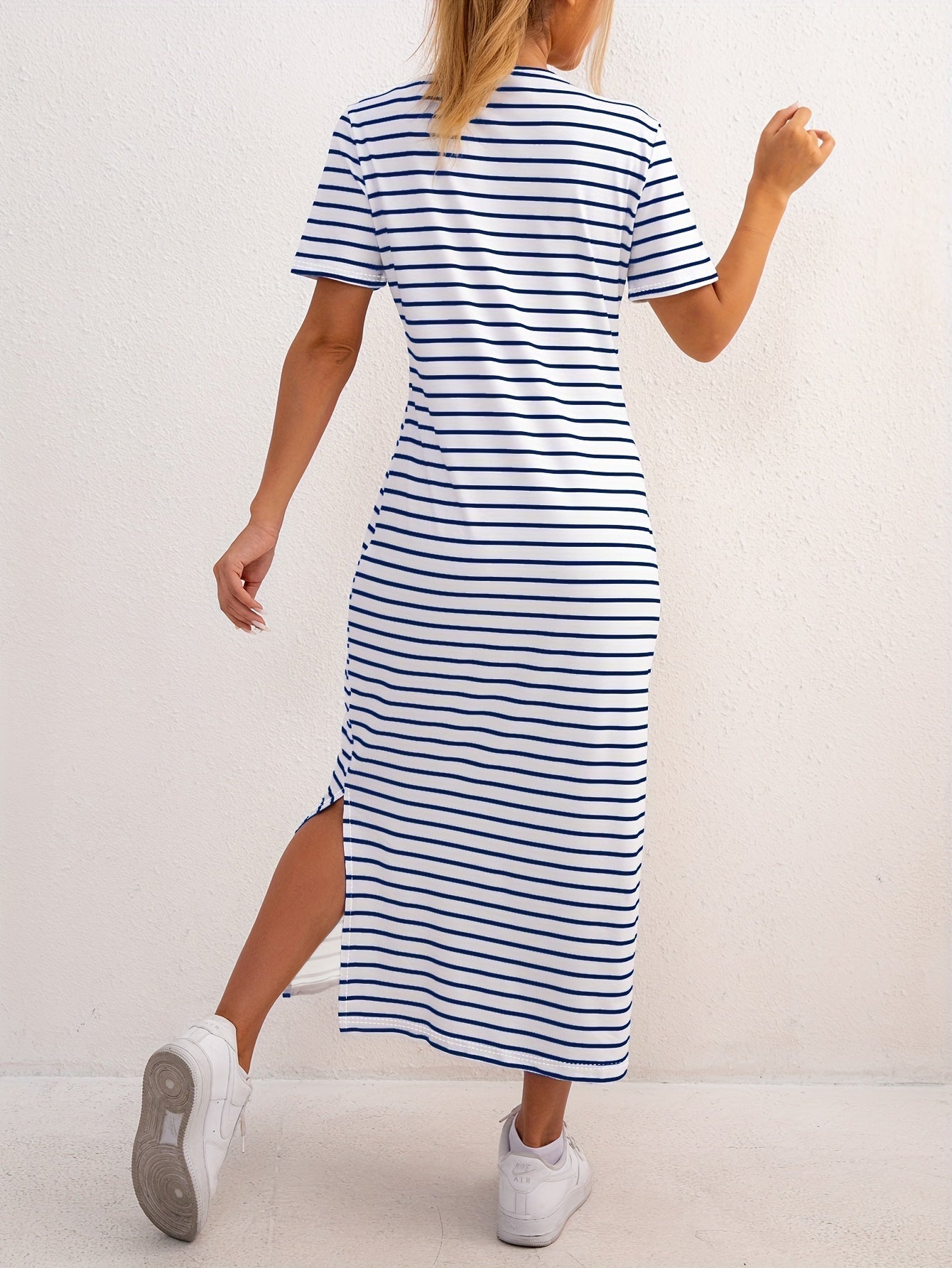 Casual Striped T-Shirt Maxi Dress with Side Split