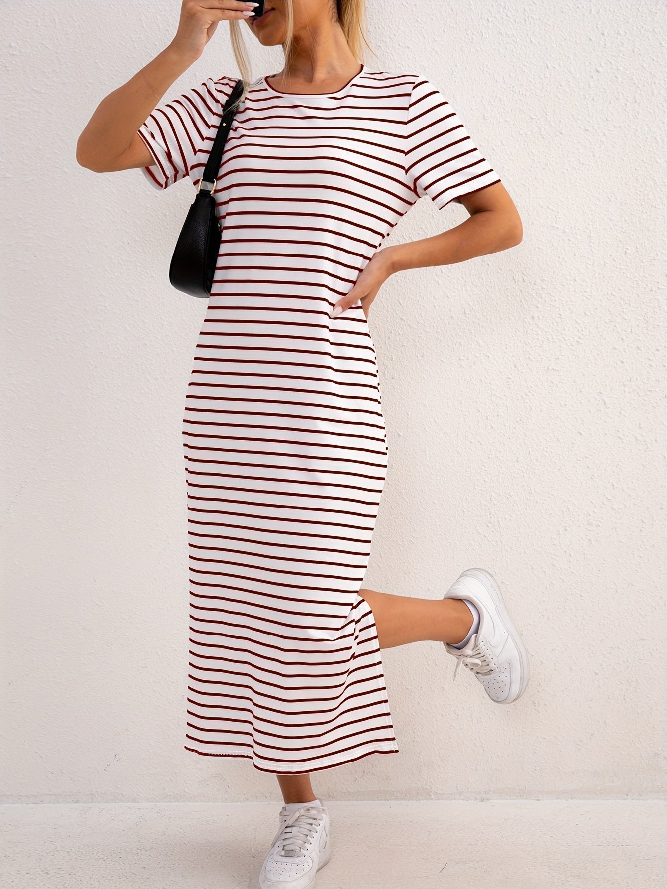 Casual Striped T-Shirt Maxi Dress with Side Split