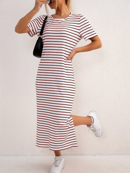 Casual Striped T-Shirt Maxi Dress with Side Split