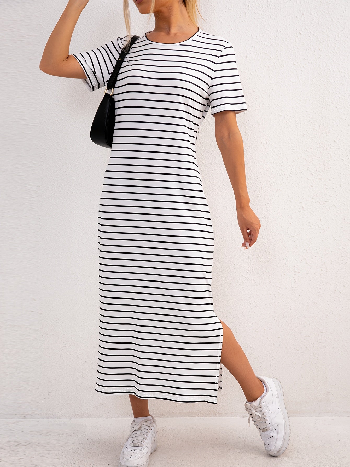 Casual Striped T-Shirt Maxi Dress with Side Split