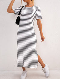 Casual Striped T-Shirt Maxi Dress with Side Split
