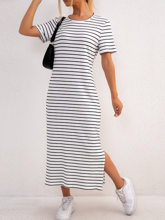 Casual Striped T-Shirt Maxi Dress with Side Split