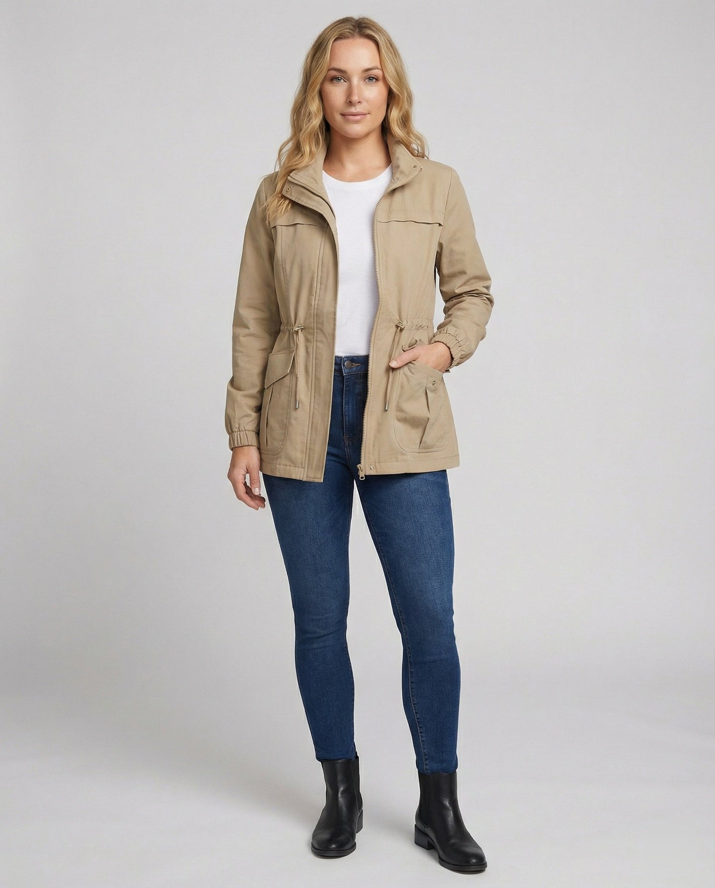 Casual Utility Jacket with Drawstring Waist and Zip Front