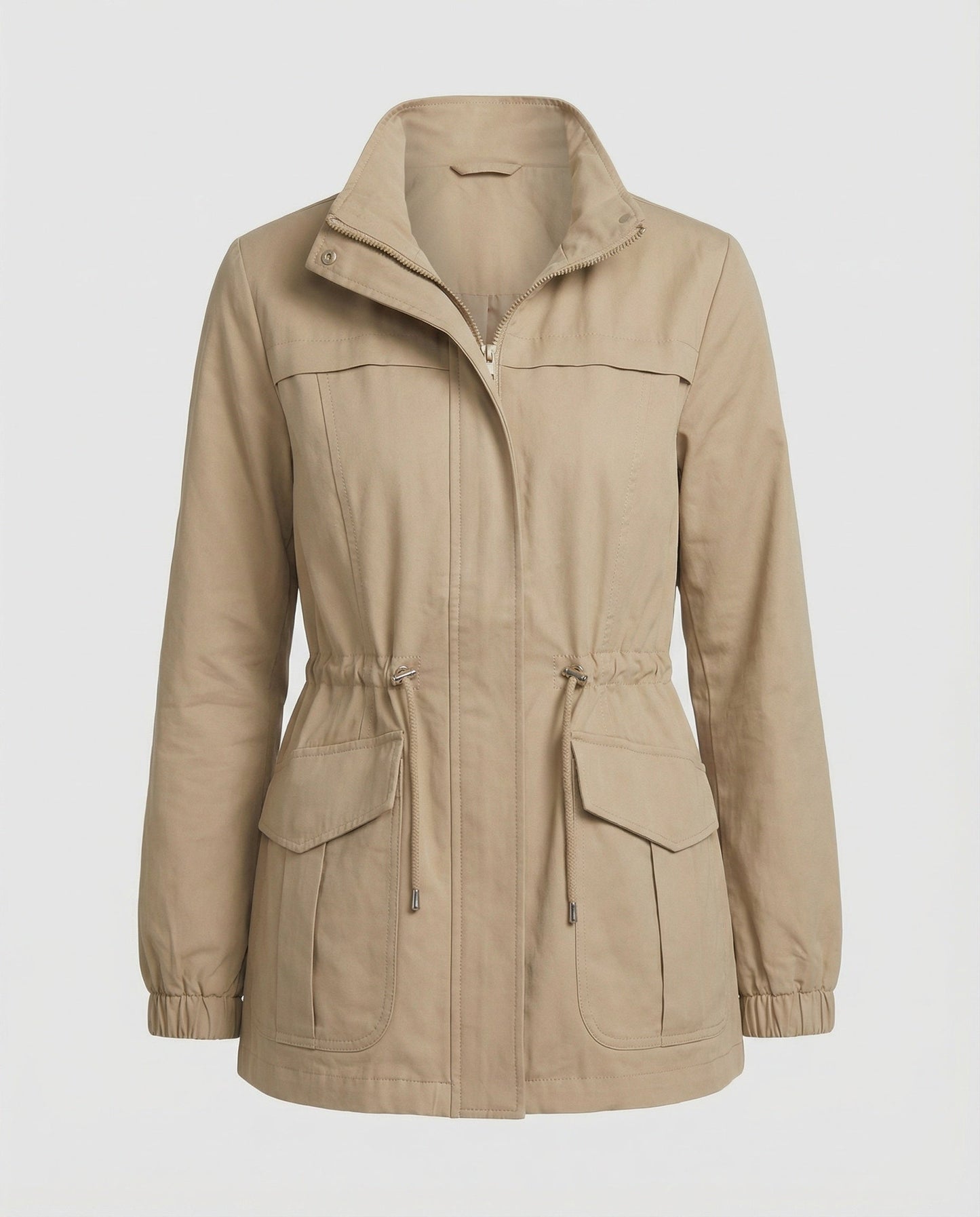 Casual Utility Jacket with Drawstring Waist and Zip Front