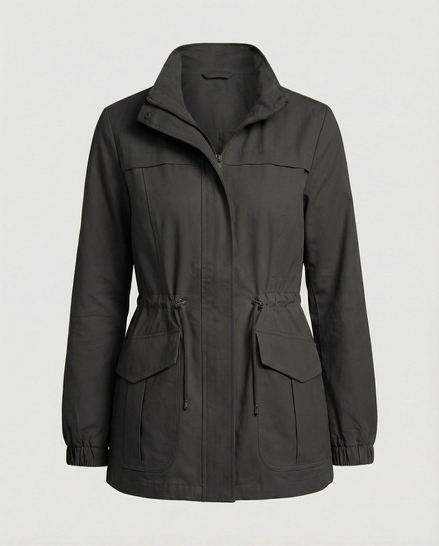 Casual Utility Jacket with Drawstring Waist and Zip Front