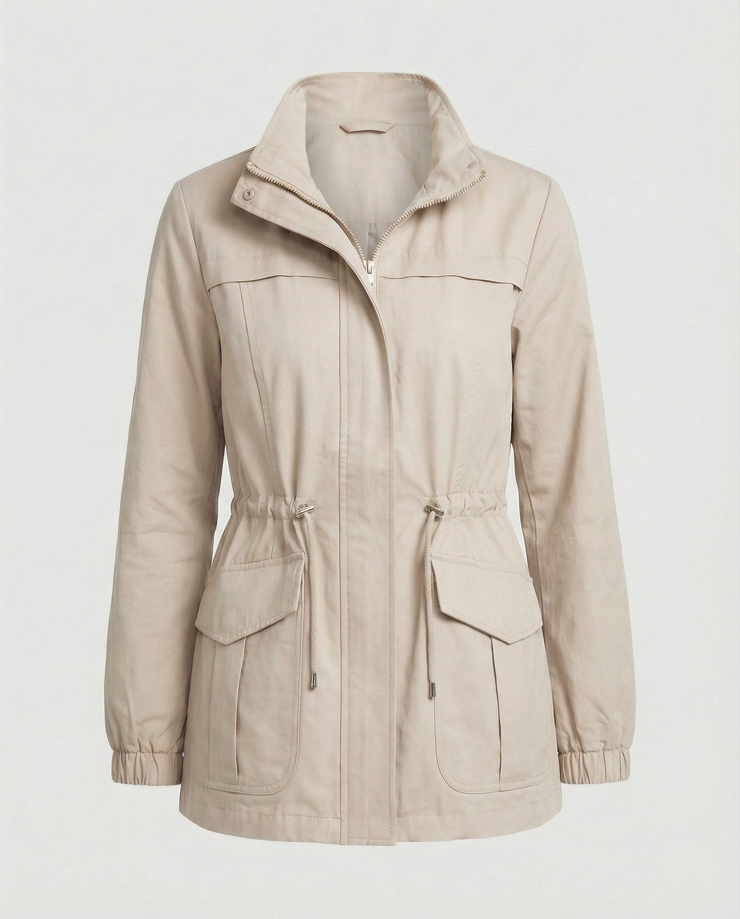 Casual Utility Jacket with Drawstring Waist and Zip Front