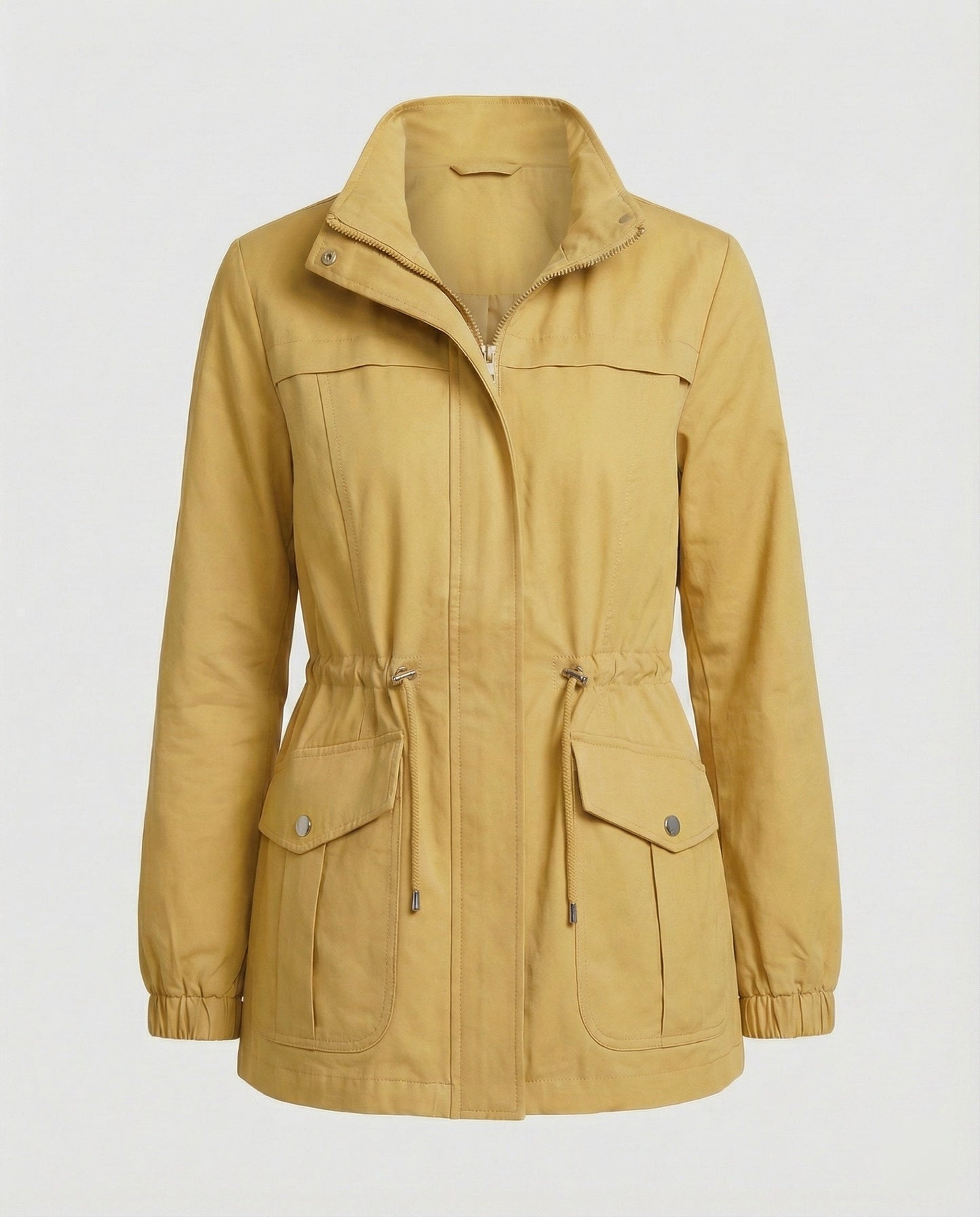 Casual Utility Jacket with Drawstring Waist and Zip Front