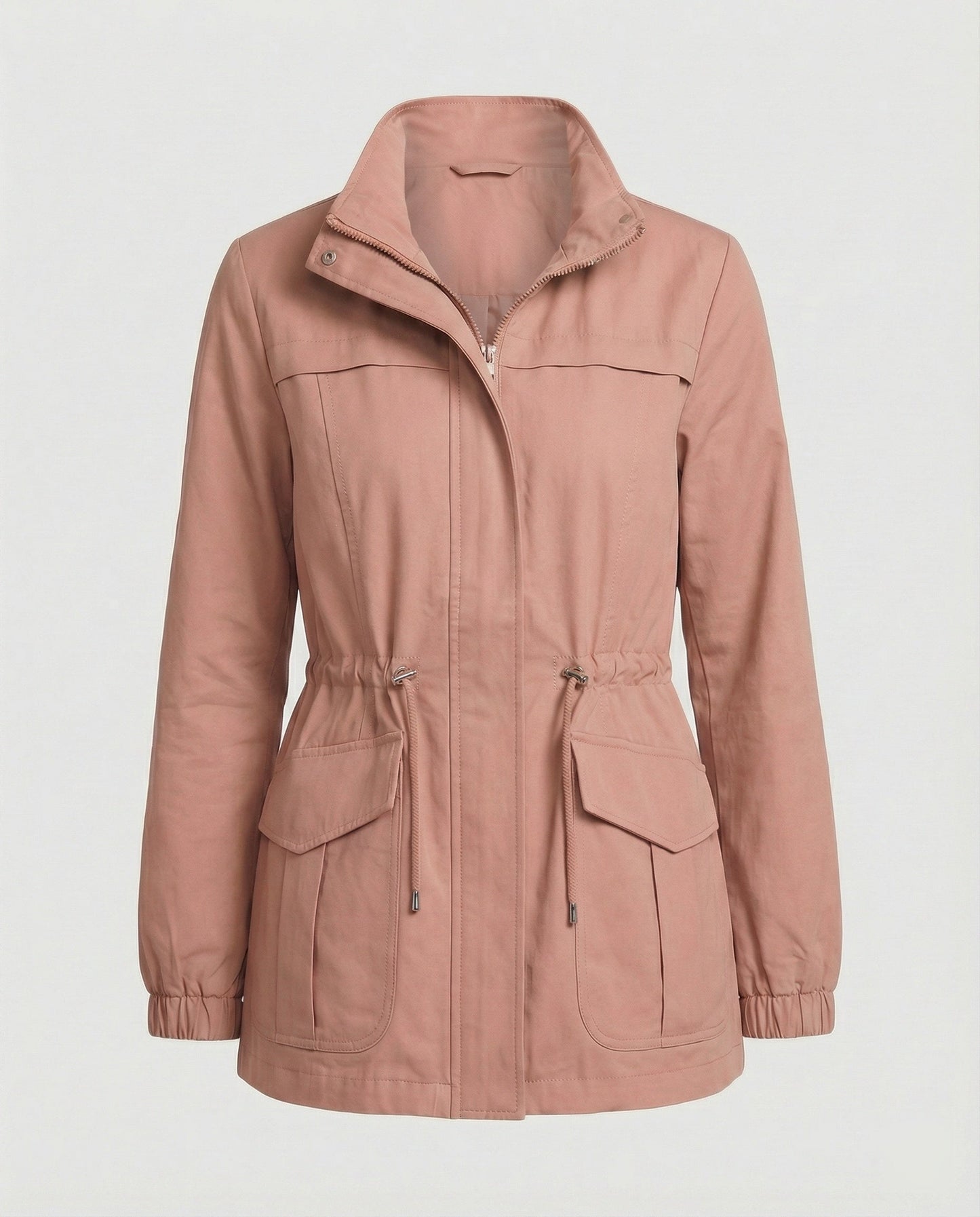 Casual Utility Jacket with Drawstring Waist and Zip Front