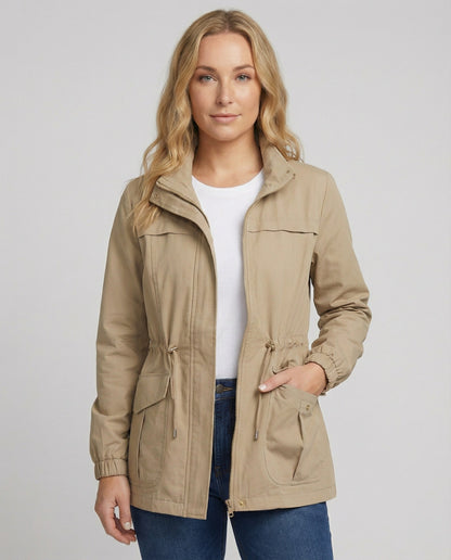 Casual Utility Jacket with Drawstring Waist and Zip Front