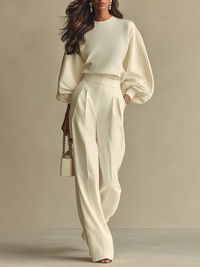 Chic Two Piece Set with Puff Sleeve Top and Wide Leg Trousers
