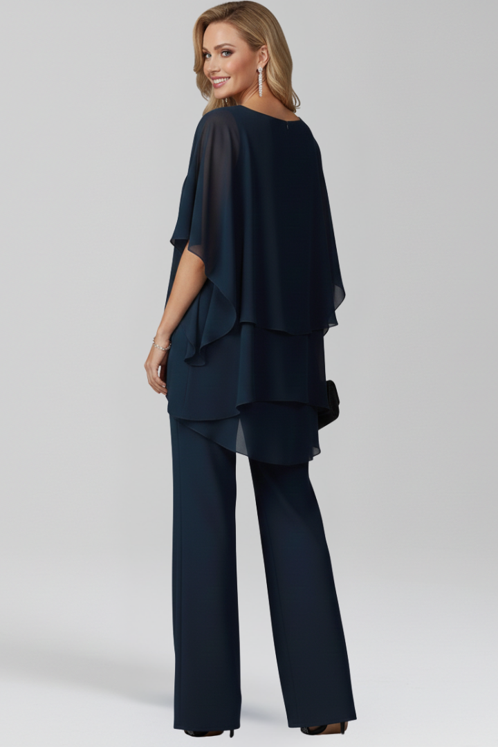 Elegant Chiffon Jumpsuit with Tiered Cape Top and Wide Leg Trousers