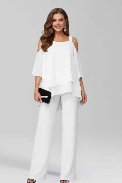 Elegant Chiffon Jumpsuit with Tiered Cape Top and Wide Leg Trousers
