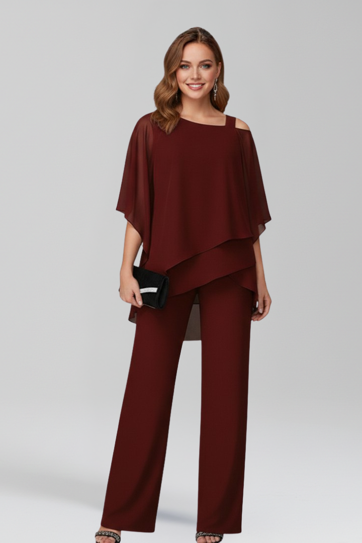 Elegant Chiffon Jumpsuit with Tiered Cape Top and Wide Leg Trousers