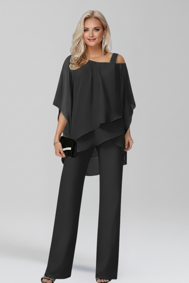 Elegant Chiffon Jumpsuit with Tiered Cape Top and Wide Leg Trousers