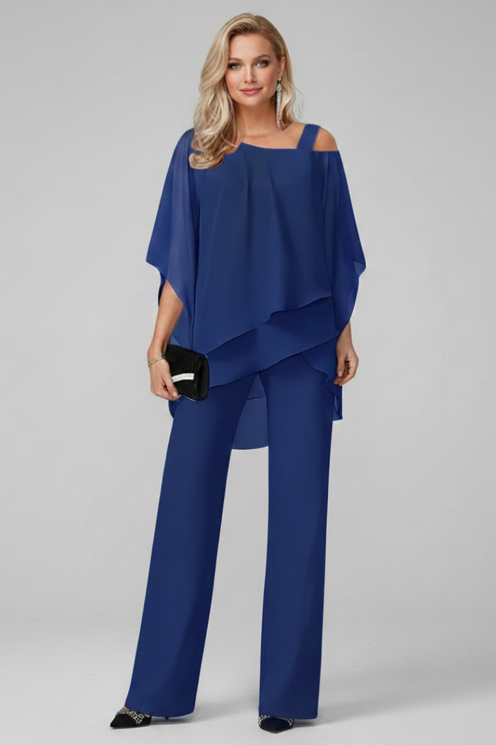 Elegant Chiffon Jumpsuit with Tiered Cape Top and Wide Leg Trousers