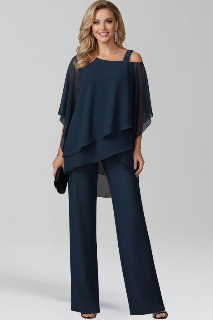 Elegant Chiffon Jumpsuit with Tiered Cape Top and Wide Leg Trousers