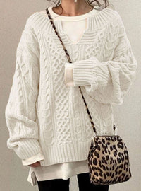 Chunky Cable Knit Oversized Sweater with V-Neckline