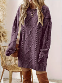 Chunky Cable Knit Sweater Dress with Round Neck