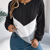 Chunky Cable Knit Sweater with Chevron Colour Block Pattern