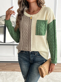 Chunky Cable Knit Sweater with Colour Block Panels and Chest Pocket