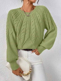 Chunky Cable Knit Sweater with Crew Neck and Puff Sleeves