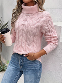 Chunky Cable Knit Turtleneck Sweater with Split Hem