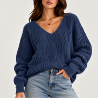 Chunky Cable Knit V-Neck Sweater with Balloon Sleeves
